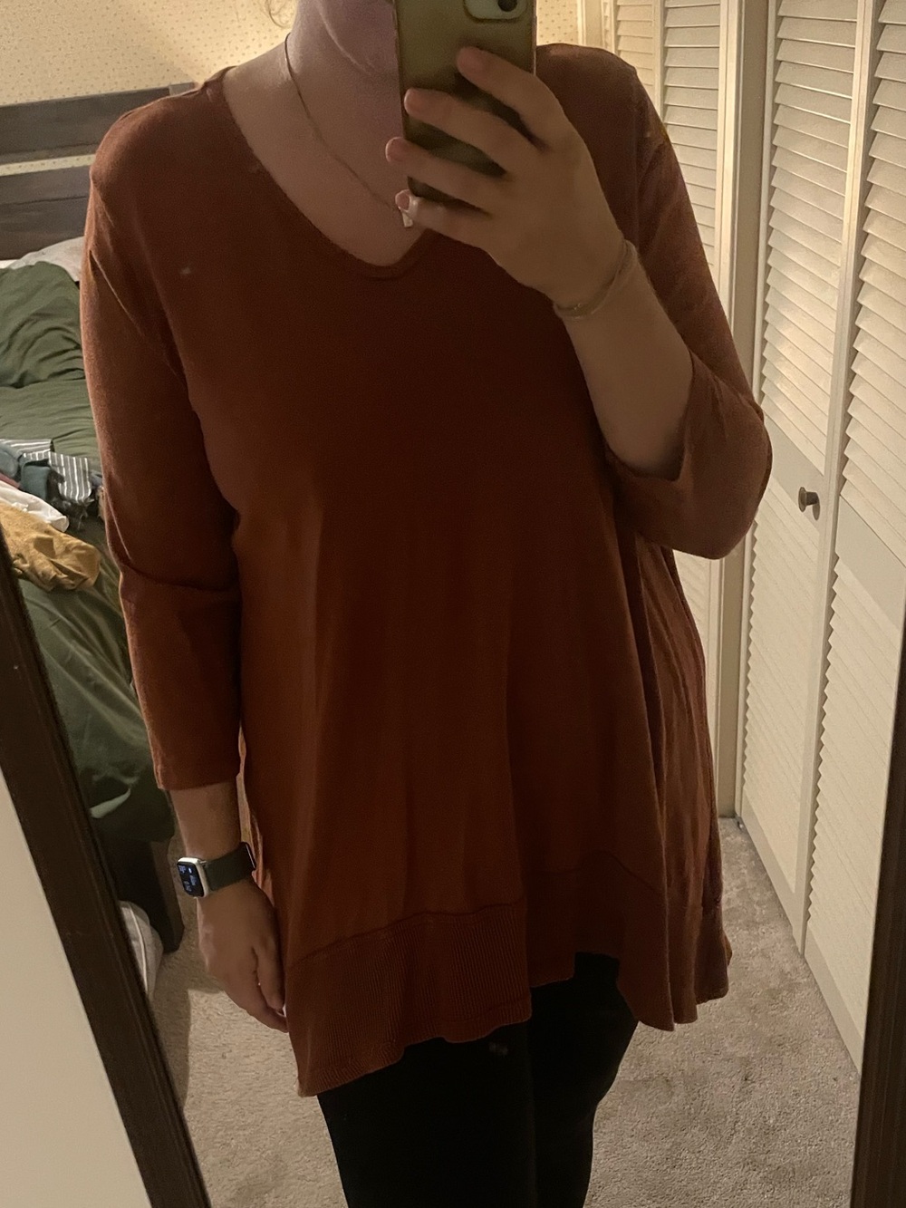 Relaxed V-Neck Tunic Top in Rust Brown